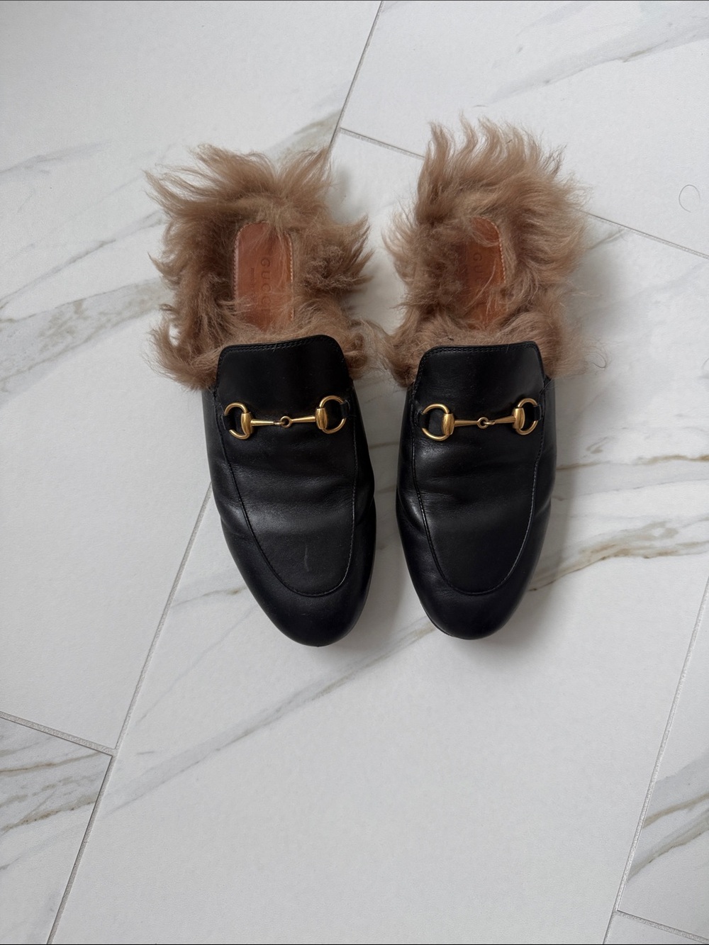 Gucci Black Leather Fur-Lined Horsebit Mules